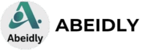 A minimalist logo features a stylized capital "A" in a teal and green gradient. The left arm of the "A" forms an abstract human figure with a circular head and an outstretched arm. To the right of the "A," a small, solid teal circle is placed. Below and beside the graphic, the word "Abeidly" is written in a bold, sans-serif black font. The background is a plain light gray.