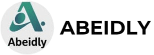 A minimalist logo features a stylized capital "A" in a teal and green gradient. The left arm of the "A" forms an abstract human figure with a circular head and an outstretched arm. To the right of the "A," a small, solid teal circle is placed. Below and beside the graphic, the word "Abeidly" is written in a bold, sans-serif black font. The background is a plain light gray.