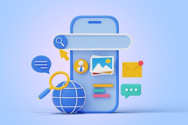 SMO.png A mobile phone demo with a search bar popping out from left to right. chatting and envelope Icon placed on the right side of the demo while speech icon is on the left side. Global ball put infont on the left side and on top of it a search icon. The background is navy blue, reduced in opacity