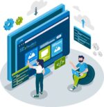 Content.png A graphic display in different shades of blue on top of it there are two setting icons placed with one character facing the display and operating it, while the other one is sitting and holding a laptop.