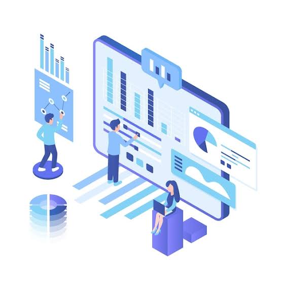 Two graphic displays in different shades of blue, one is bigger than the other. Two characters are facing the displays and operating it, while the other one is sitting and holding a laptop.