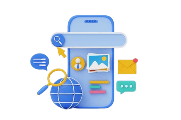 A mobile phone demo with a search bar popping out from left to right. chatting and envelope Icon placed on the right side of the demo while speech icon is on the left side. Global ball put infont on the left side and on top of it a search icon. The background is navy blue, reduced in opacity