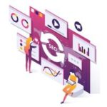 A huge graphic artificial display in purple and white colours, with a small display, and in the middle is written 'SEO'. a character standing in the middle facing the display as if operating the display while another character is sitting operating a laptop